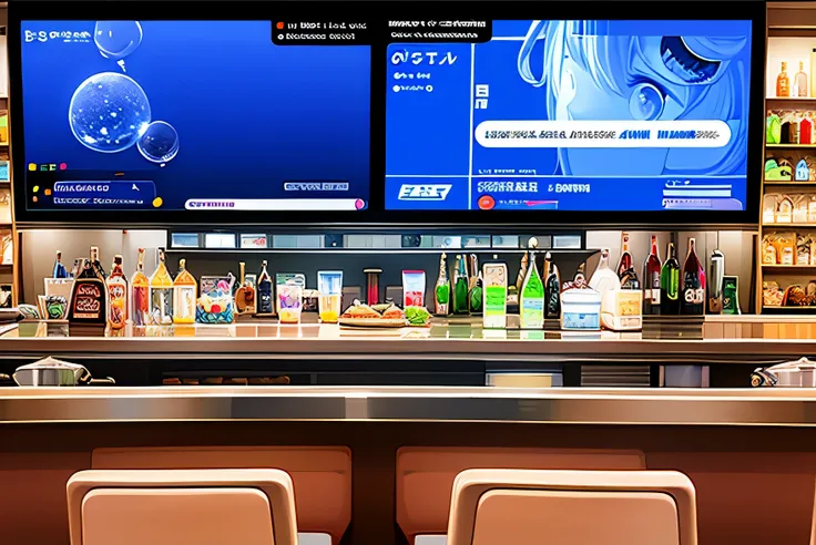 Background Story, front view of the counter of a futuristic american bar, com amostra de bebidas na parede, a giant television screen on the left