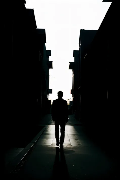 Silhouette of a Man with his back to the camera walking in the middle of 2 worlds,