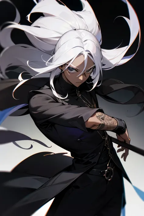 quero um personagem homem com roupa preta  , olhos brancos , cabelo preto e curto , on a black background anime version