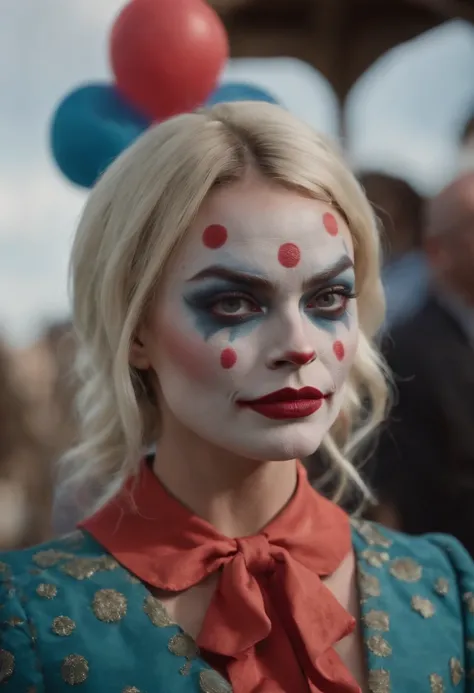 Margot Robbie dressed in clown makeup wearing a pantsuit