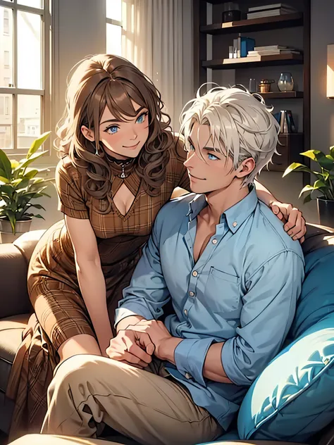 Make a couple.
1-A man with white hair and blue eyes.
1-A woman with curly brown hair and brown eyes, small breasts.
Casual clothes. Smiling, happy, relaxed, talking on the living room sofa. Looking at each other.