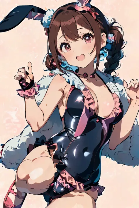 ((Brown hair)),((Braided shorthair)),((With black eyes)),微reddish潮,(Open-chested Japanese pattern swimsuit:1.5),(School swimsuit style:1.4),(Skirts with ruffles:1.25),(fluffy cloak:1.3),(stylish five finger gloves:1.2),(Ruffled ornament:1.25),(Accessories ...