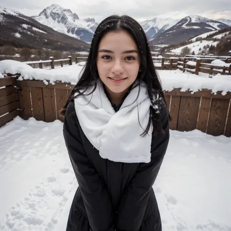 girl, selfie, 20 years old, snow, mountain background, wearing a big puffer, cozy smile, small face, straight black hair, brown eyes, no makeup, HDR, photoreal, High quality, full body shot