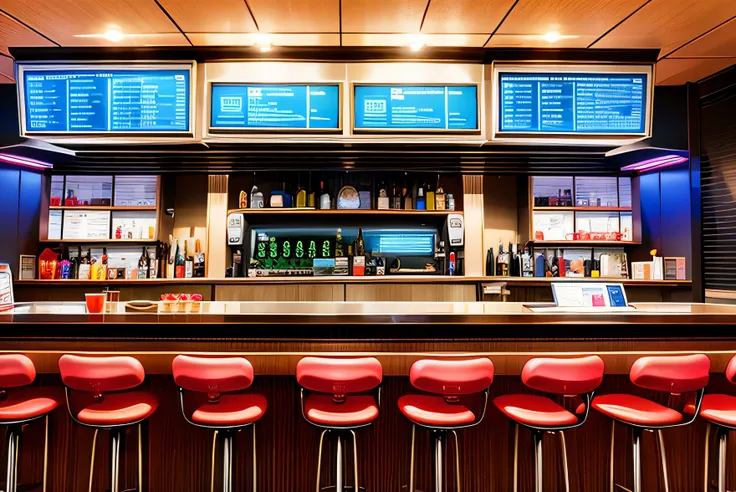 Background Story, front view of the counter of a futuristic american bar, com amostra de bebidas na parede, a giant television screen on the right