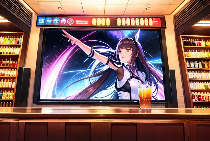 Background Story, front view of the counter of a futuristic american bar, com amostra de bebidas na parede, a giant television screen on the right