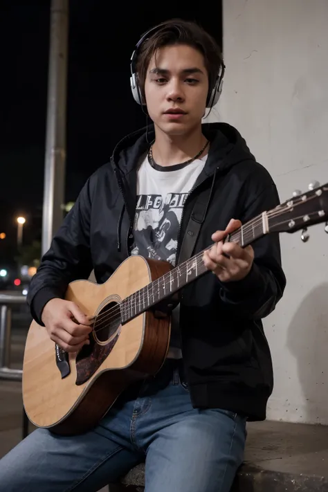 Beast boy from Teen Titans listening to music on his black headphones while playing his acoustic guitar. Black jacket hoodie, jeans, in the night in the city