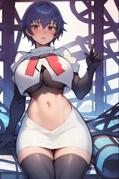 shiroganenaoto,1girl,solo,large breasts,heavy blush,(grey eyes:1.2), team rocket,team rocket uniform, red letter R, white skirt,white crop top,black thigh-highs,black elbow gloves