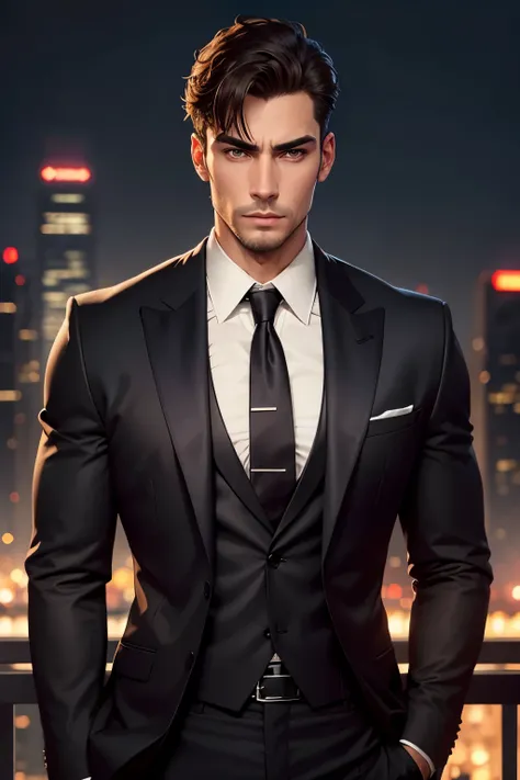 1 male, solo, portrait, adult, mature, tall guy, broad shoulders, handsome, very short hair, brown eyes, angular jaw, thick neck, thick eyebrows, night, dark, the night view of the city background, formal suit, necktie, upper body