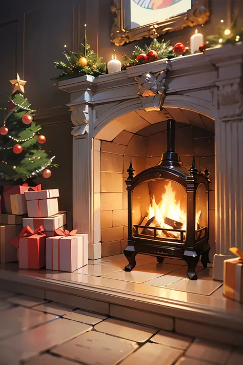 fireplace beautifully decorated for Christmas, with a bear rug and pillows laying on the ground and a big plate with Christmas snacks placed in the middle --auto --s2