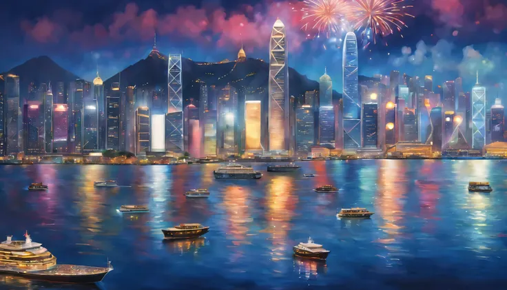 oil painted: Night view of Victoria Harbor in Hong Kong,Sparkling reflections dance on the water,Gleaming skyscrapers lining the harbor,Spectacular fireworks display,Twinkling lights adorn the city skyline,Cruise shipest quality at best,4K,8K,A high resolu...