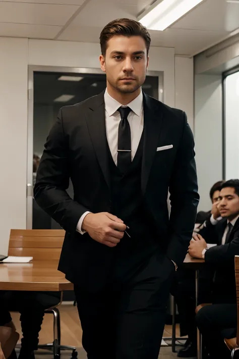 Emasculate, dominant confident man with that huge shoulders well tamper with the bus cut haircut wearing a black suit walking into the meeting as well as people sitting in the table