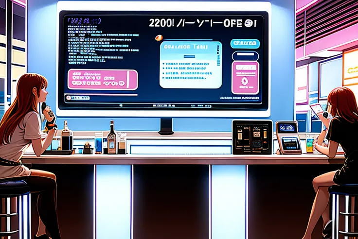 Background Story, front view of the counter of a futuristic american bar, com amostra de bebidas na parede, a giant television screen on the right