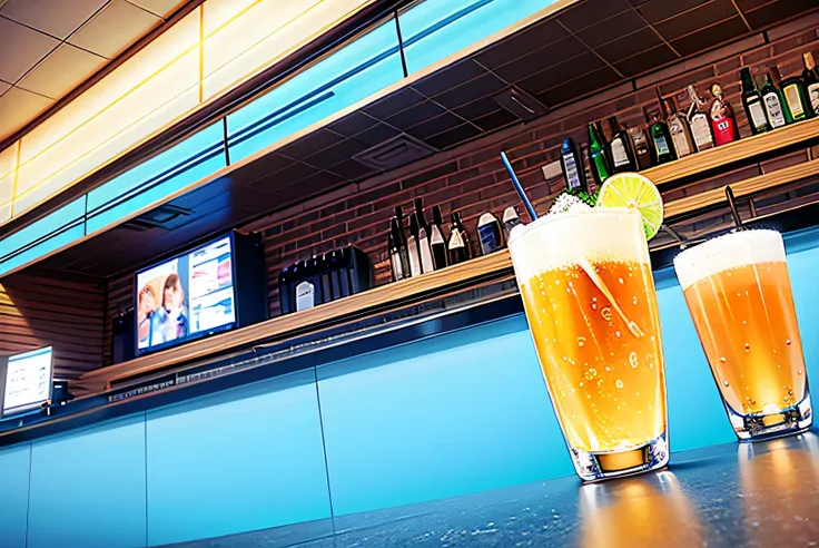 Background Story, front view of the counter of a futuristic american bar, com amostra de bebidas na parede, a giant television screen on the right