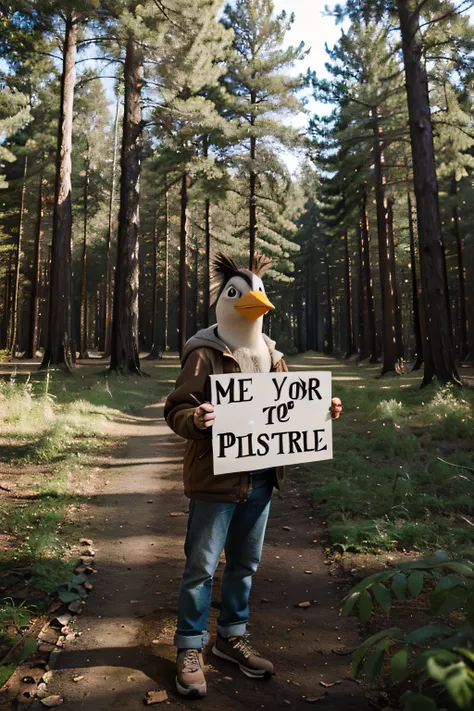 funny bird holding a sign,in a forest