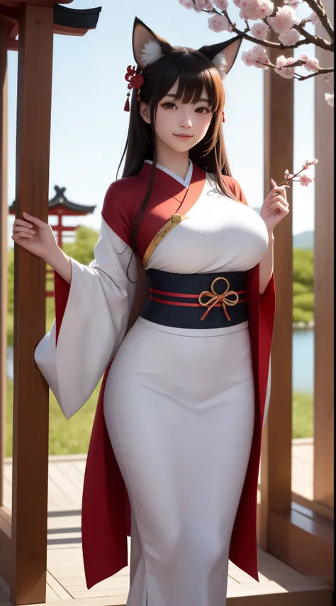 Illustration of a young fox shrine maiden standing in front of a traditional Japanese torii gate, wearing a flowing white and red kimono with fox ears and a tail, holding a sakura branch with blossoms. She gazes at the viewer with mesmerizing golden eyes, ...