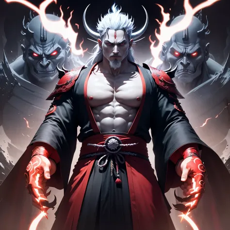 Rikudou Sennin inovador, inspirados no Budismo, imposing presence, sabedoria transcendental, Oni influences with a Demon Lord touch, exuberant Japanese gothic style clothing, unique combination of eastern spirituality and dark aesthetics, captivating creat...