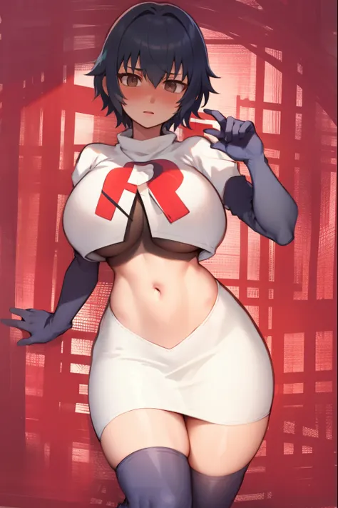 shiroganenaoto,1girl,solo,large breasts,heavy blush,(grey eyes:1.2), team rocket,team rocket uniform, red letter R, white skirt,white crop top,black thigh-highs,black elbow gloves