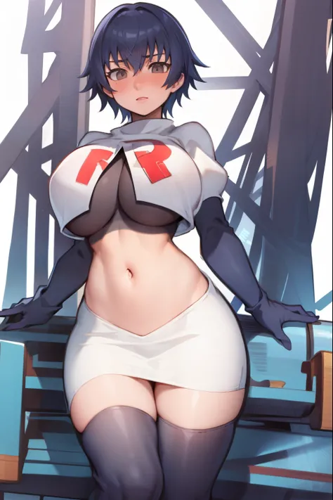 shiroganenaoto,1girl,solo,large breasts,heavy blush,(grey eyes:1.2), team rocket,team rocket uniform, red letter R, white skirt,white crop top,black thigh-highs,black elbow gloves