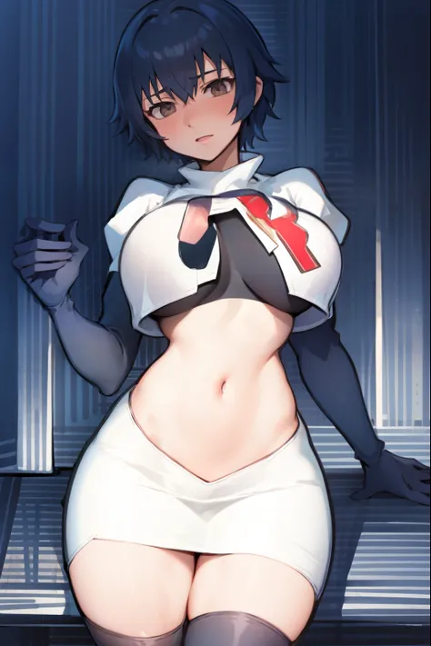 shiroganenaoto,1girl,solo,large breasts,heavy blush,(grey eyes:1.2), team rocket,team rocket uniform, red letter R, white skirt,white crop top,black thigh-highs,black elbow gloves