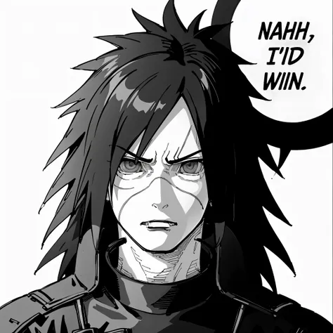 (masterpiece, best quality:1.2), monochrome, greyscale, nahidwin, speech bubble, english text, solo, male focus, 1boys, madara u...