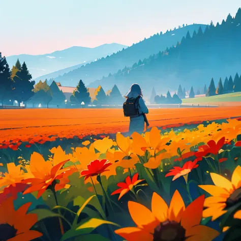 Cinematic, best quality, you are a traveler wandering a beautiful landscape, bright color palette, flowerfield