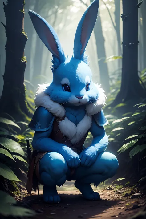 a fantasy rabbit furry character in the forest, con pelaje de color blanco y azul, Noche, volumetric lights, Texturas realistas, con dos colas bastantes peludas,