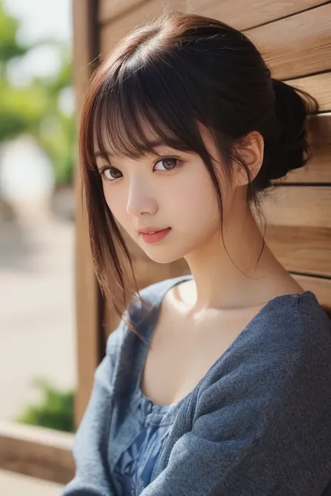 ((cute little日本の女の子、Beautiful japanese girl、1 girl in、age19、poneyTail、Highly detailed facial and skin texture、refinement、hyperdetailed face、ultradetailed eyes、blusher、blush、teak、ピンクのteakを塗った頬、close-up of woman、bustup、真frontageを向いている顔、真frontageを向いている体、Looki...