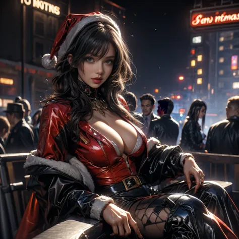 tmasterpiece，quality，Best quality，offcial art，（Beauty and aesthetics：1.2），（tmasterpiece：1.3），The cities of the future，cyber punk personage，one-girl，santa claus suit，did not wear underwear，Sexy figure，looking at the camera in，（closeup cleavage：1.8），volume f...