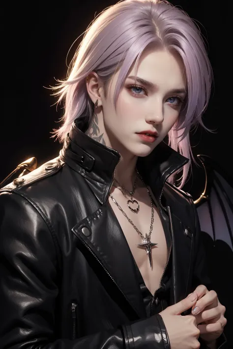 Gothic boy, 18 years old handsome, lilac hair, pointed ears, with vampire wings, black clothes, on a gothic background, vampire fangs, male handsome