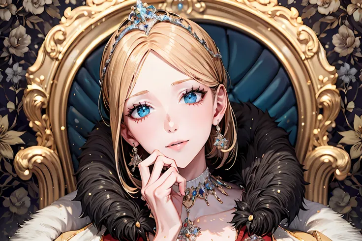 shoujo-style, (floral background, romance manhwa),1girl, gentle smile, Medieval queen, aristocrat, noble, jewelry, ((fur coat)), jewelry, (puffy sleeve:1.2), golden, earrings, armlet, bracelet, luxury, celebrity, Throne, looking at viewer, drill hair, volu...