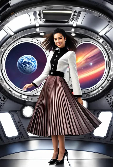 (authentic:1,5) (shy smiling:1,1) woman admiring her skirt on a space ship, wearing short blazer and very very detailed (long (pleated) full circle skirt) and (low heeled office shoes), very very intricate hyper-detailed symmetric (attractive graceful femi...