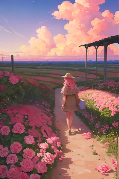 Summer, desert, pink clouds, a land overgrown with roses, James Gurney, art station rendering, ultra-wide lens, high definition