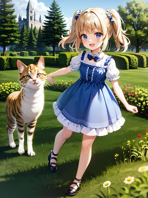 Little girl, Playing with cats，cat&#39;s garden，fancy illuminated castle， Full body photo，Its cool, ​masterpiece, a smile,