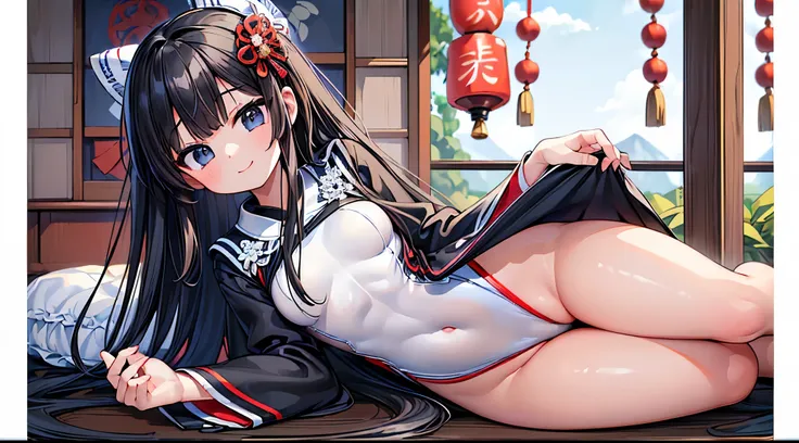 ((4k、8k、top-quality、perfect fingers: 1.3、perfect anatomia: 1.3、Background blur))、((sixteen years old、a beauty girl 、a baby face、Black and white Japanese leotard shrine maiden uniform、long straight hair、beautiful big slanted eyes))、Happy smiling face、Full b...