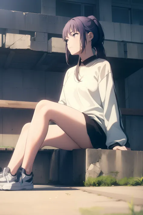 ((((Obra maestra, La mejor calidad, ultrahigh resolution)))), 1girl, ponytail, ((sneakers, from below, sitting)), track, (((outside)))