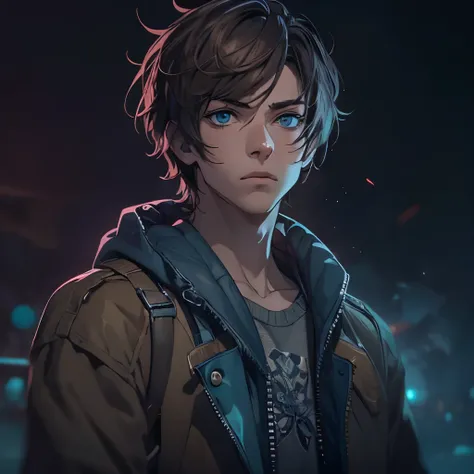 (masterpiece), 8k cg, intricate details, chromatic aberration, ((bust shot)), ((looking at viewer)), 1boy, ( blue eyes, shaggy brown hair,casual jacket, tshirt, cardigan), handsome face, boyish face, frown, 16 year old, absurdres, cinematic lighting, dynam...