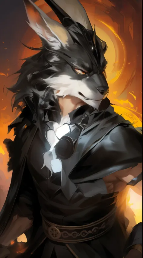 black cloak,Ruan Jia,Pino Daeni,darkgem,dimwitdog,muscular male wolf anthro, (detailed face), (detailed fluffy fur)