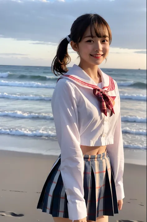 girl standing on beach in sunset,long-sleeved white sailor shirt with plaid red bow tie,navy blue pleated skirt,school bag,large white shell,18-year-old,bangs,a little smile,thighs,short cut hair,low ponytail,from behind,frontlighting