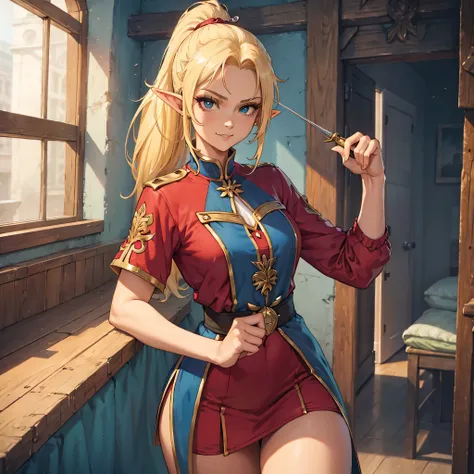 Full body portrait of female elf, slender body, blonde hair in a ponytail, juggling a dagger, crossbow in one hand, jester clothes, red and yellow clothes, slight psycho grin, white background, solo character