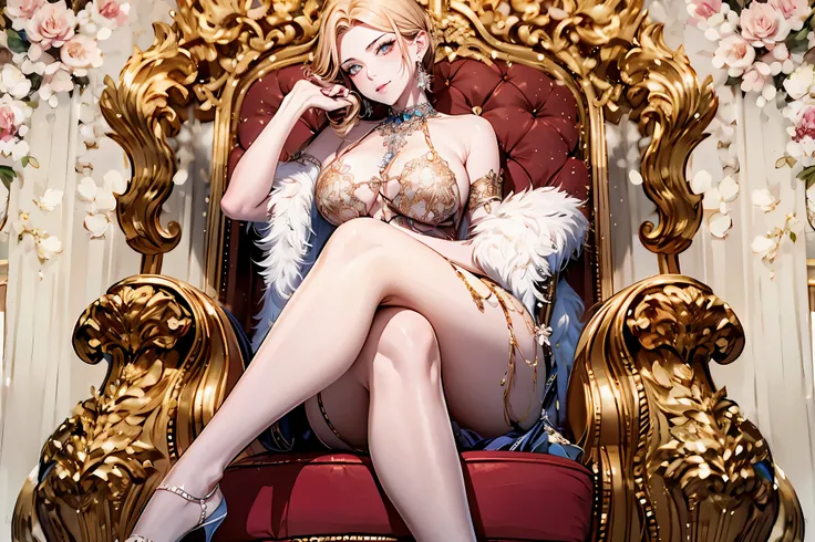 shoujo-style, (floral background, romance manhwa),1girl, gentle smile, dress, Medieval queen, aristocrat, crown, noble, jewelry, ((fur coat)), jewelry, (puffy sleeve:1.2), golden, earrings, armlet, bracelet, luxury, celebrity, sitting on Throne, looking at...