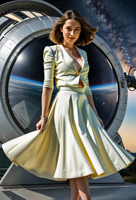 (authentic:1,5) (shy smiling:1,1) woman admiring her skirt on a space ship, wearing short blazer and very very detailed (long (pleated) full circle skirt) and (low heeled office shoes), very very intricate hyper-detailed symmetric (attractive graceful femi...