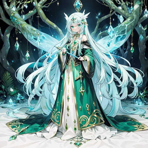 Full body animation expression of a young magician with long flowing hair, Wearing gorgeous drapes, Emerald wizard&#39;s robes decorated with mythical runes. she stands in the ancient world, overgrown deforestation, Holds a magic wand topped with sparkling...