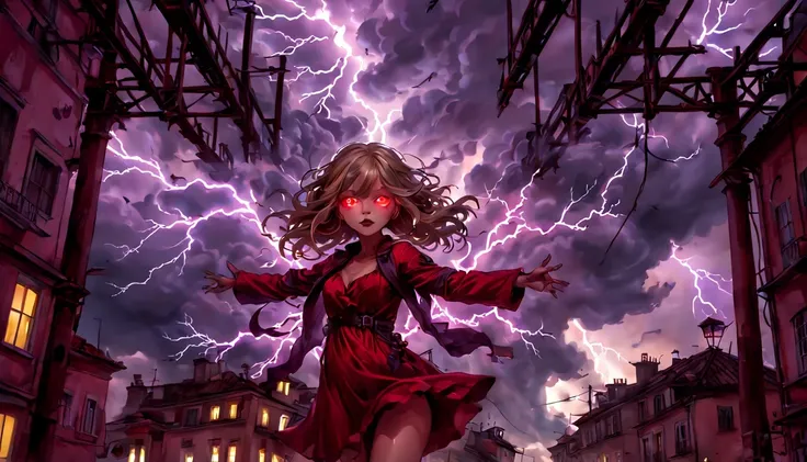 1 girl "Michelle Pfeiffer com vestido vermelho longo", flutuando na cidade with lightning bolts, Mulher no vestido vermelho longo com cabelo vermelho e preto, gothic maiden, Art not Guweiz style, No estilo de arte Bowater, 8k arte detalhada de alta qualida...