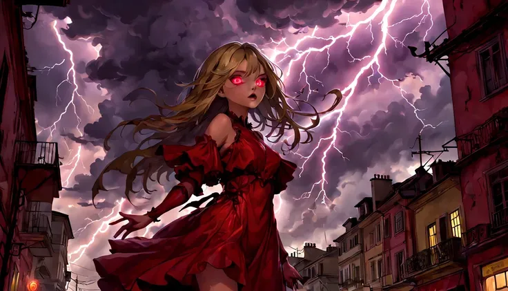 1 girl "Michelle Pfeiffer com vestido vermelho longo", flutuando na cidade with lightning bolts, Mulher no vestido vermelho longo com cabelo vermelho e preto, gothic maiden, Art not Guweiz style, No estilo de arte Bowater, 8k arte detalhada de alta qualida...