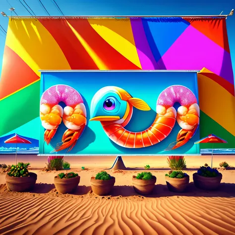 Draw a banner advertising frozen products in Mexico on a billboard with a shrimp image and bright colors