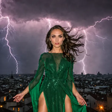 1 girl "Gal Gadot com vestido Verde longo", flutuando na cidade with lightning bolts, Mulher no vestido Verde longo com cabelo vermelho e preto, gothic maiden, Art not Guweiz style, No estilo de arte Bowater, 8k arte detalhada de alta qualidade, gothic art...