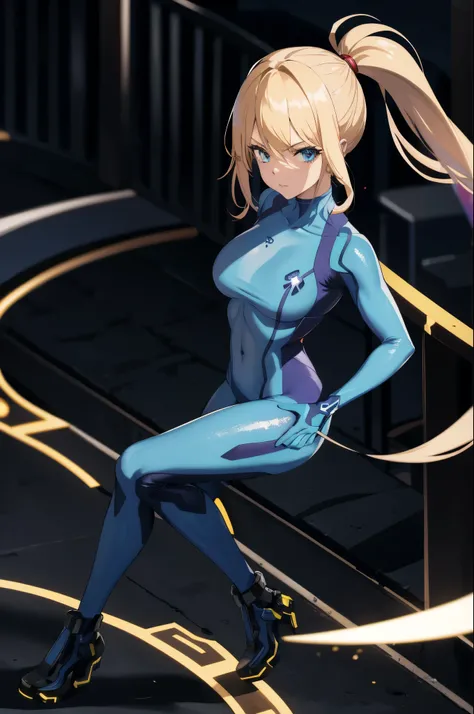 absurdres, best quality, 1girl, solo, eye focus, looking at viewer,   samus aran, ponytail, hair tie, blue gloves, blue bodysuit