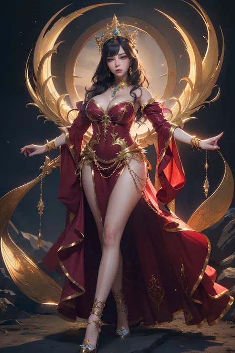 ((Best Quality)), ((masutepiece)), (Detailed), Full body posing、 person wearing costume, (behance contest winner:1.2), Fantasy Art, Huge ruby crown, 3D Goddess Portrait, los tran style, Captivating lighting, 8K resolution, impressive((Best Quality)), ((mas...