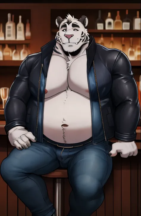 axel cosmas , solo, leather jacket, blue jeans, plump, huge, bar background, nipples, big belly, holding belly, big ass, eyes shut, sitting on a seat, 5 fingers,