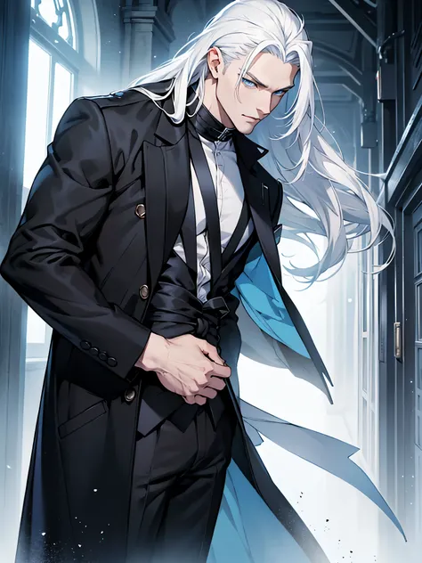 Make a very handsome man, tall, thin, pale, long white hair, blue eyes. Wearing black clothes and a black coat. Standing.